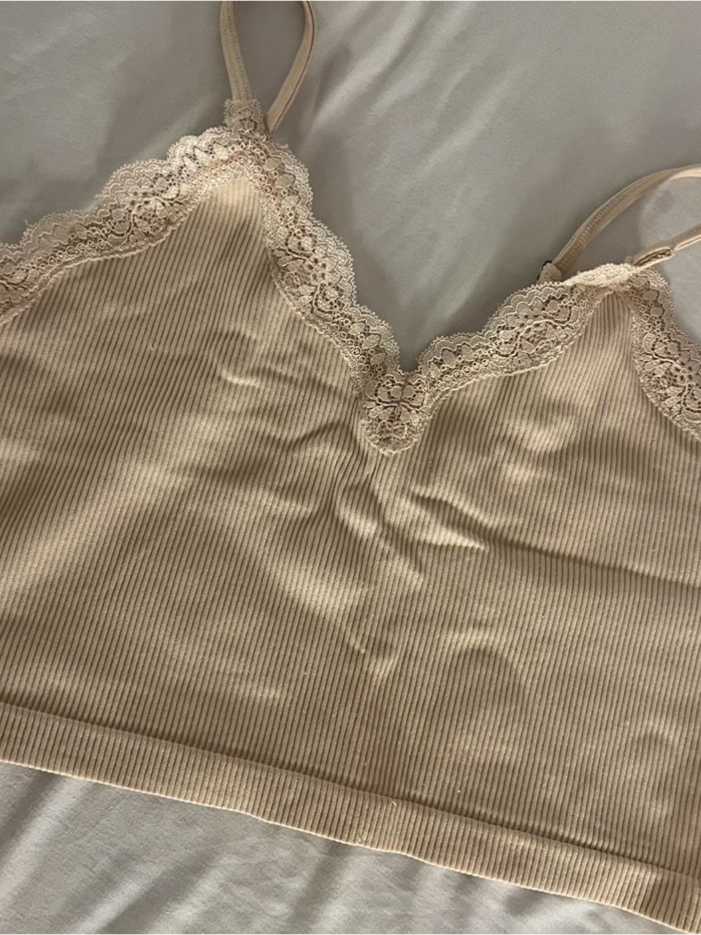 Target Ribbed Lace-Trim Camisole - Beige